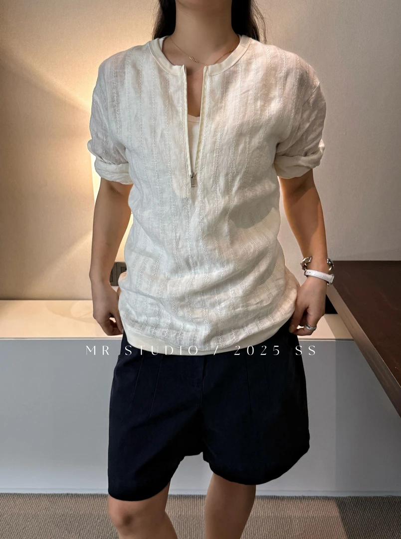 【YILI显瘦女装】100%亚麻微奢老钱半拉链圆领长袖 Y0809