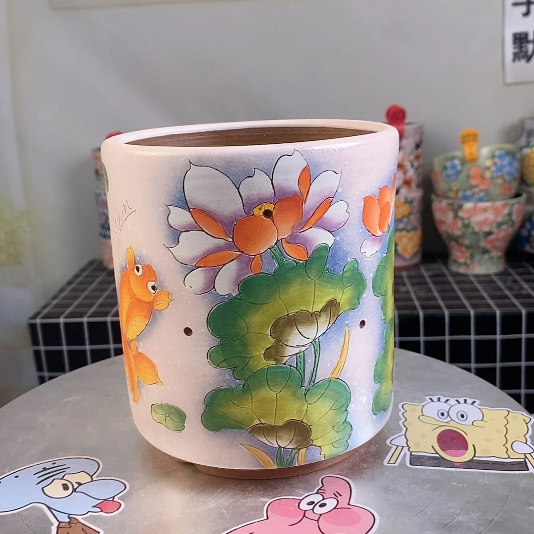 紫砂花盆红陶手绘花盆