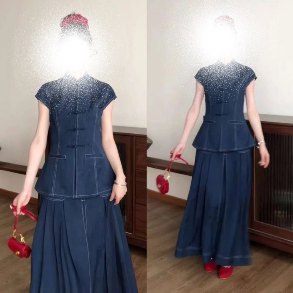 夏季新款新中式上衣搭配裤子半裙套装-35162