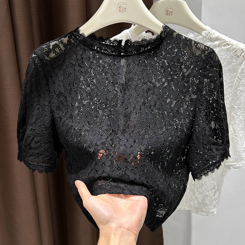 气质花边圆领短袖蕾丝打底衫女2025夏季新款镂空时髦洋气上衣内搭