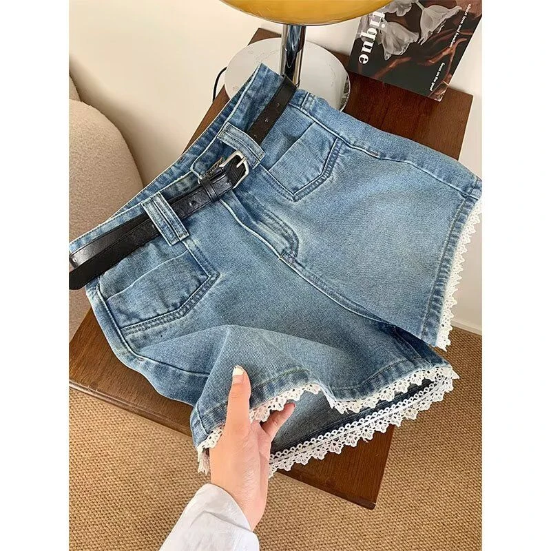 蓝色蕾丝花边高腰牛仔短裤女夏季新款大码休闲宽松显瘦阔腿a字裤