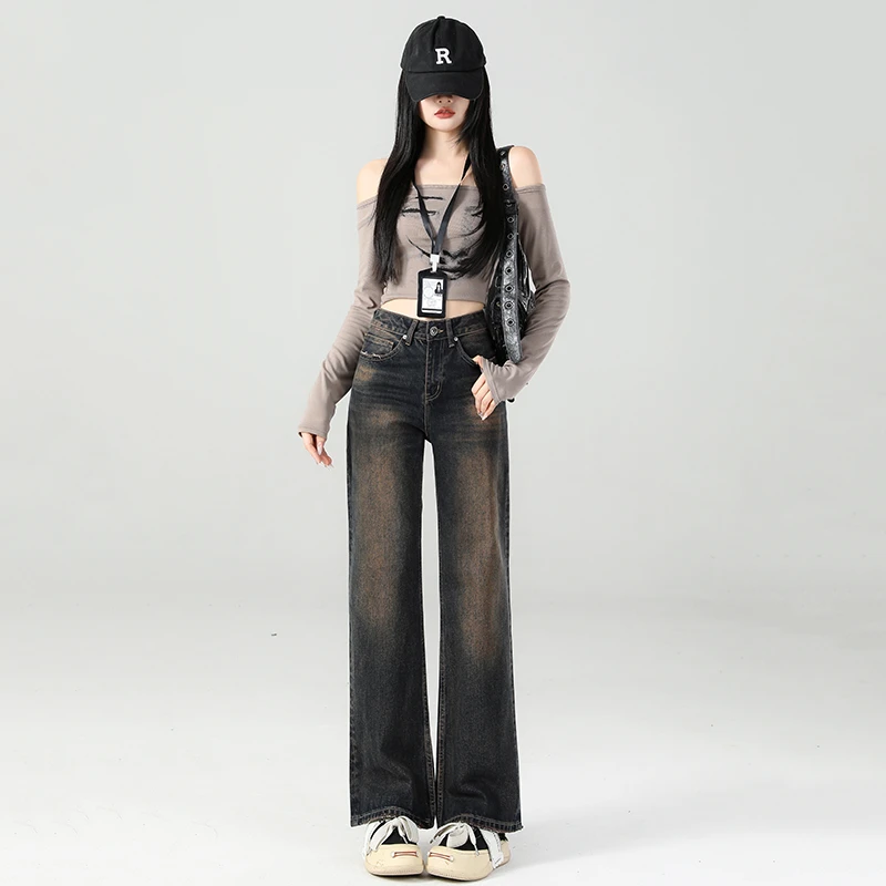 新潮半街奢逸系列【玄蓝】秋季重工艺复古窄版直筒裤高腰牛仔裤