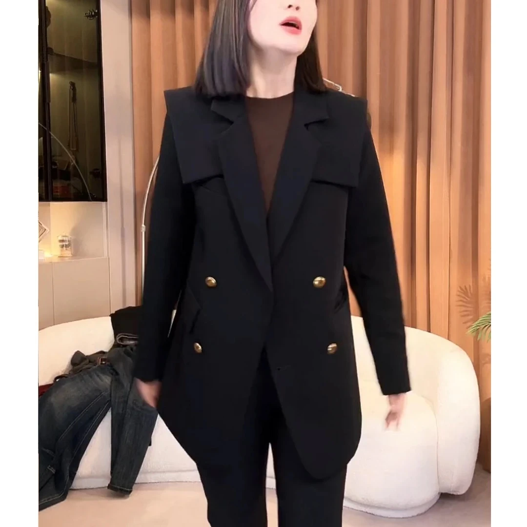 2025早秋新款时尚潮流戗驳领西装外套女黑色披肩设计感显瘦西服