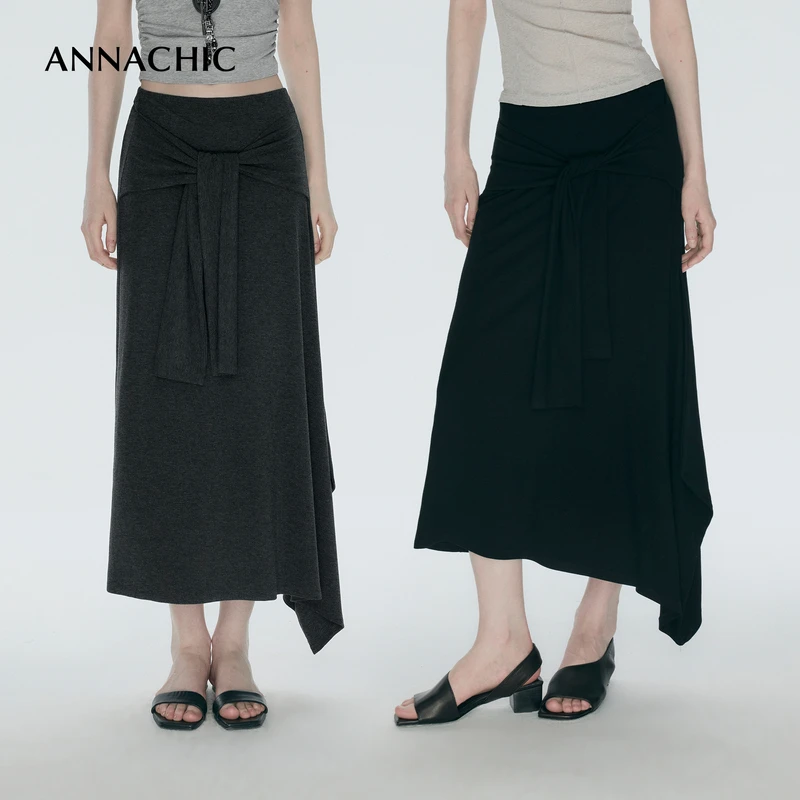 ANNACHIC黑色松紧腰系带半身裙女夏季新款连衣裙松弛感两穿A字裙