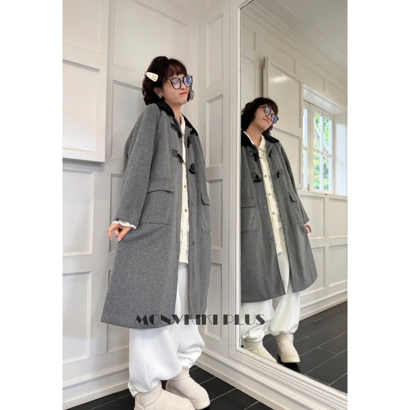 MoNvKiKiPlus9大码微胖羊毛加厚长款撞色领口呢子外套#C00151