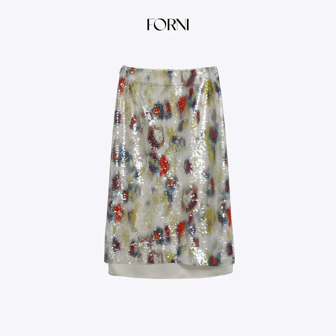 FORNI 打翻颜料盘 五彩花色爆闪亮片直筒高腰半身裙