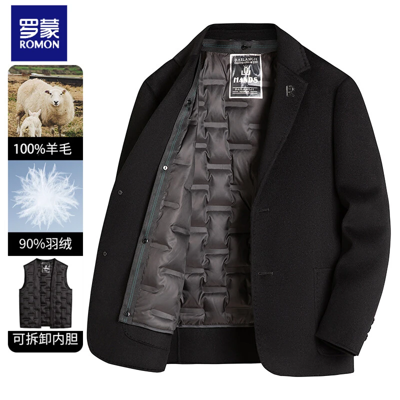 罗蒙2024秋冬高品质100%羊毛双面呢羽绒西服外套男短款毛呢大衣