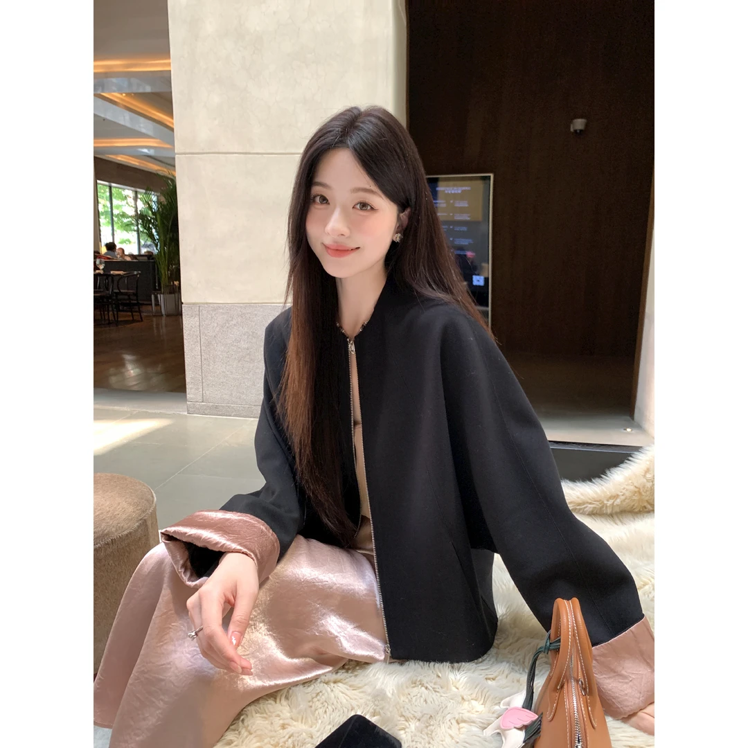夏诗文 羊毛羊驼毛老钱风圆领外套醋酸袖口拼接上衣汉服