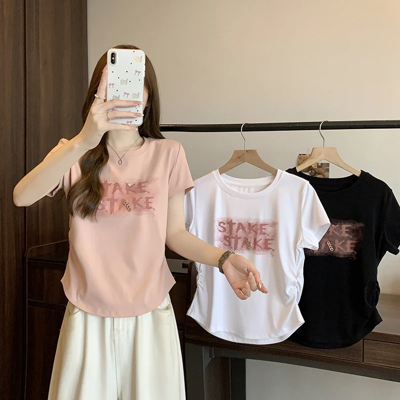 【涵胖胖】Q胖mm大码女百搭收腰显瘦圆领字母印花短袖T恤A0332