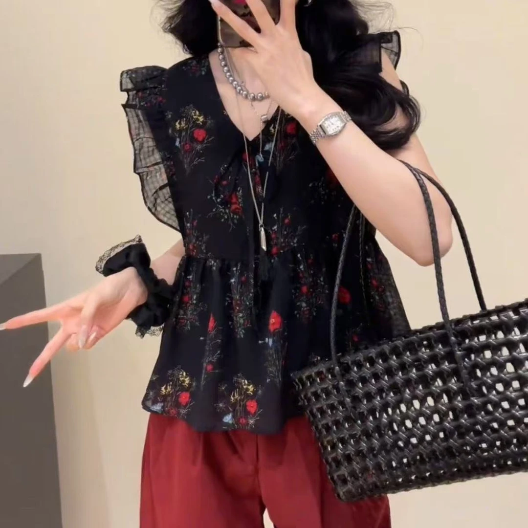 碎花衬衫女2025新款爆款夏季轻奢高级感减龄洋气小飞袖雪纺上衣女