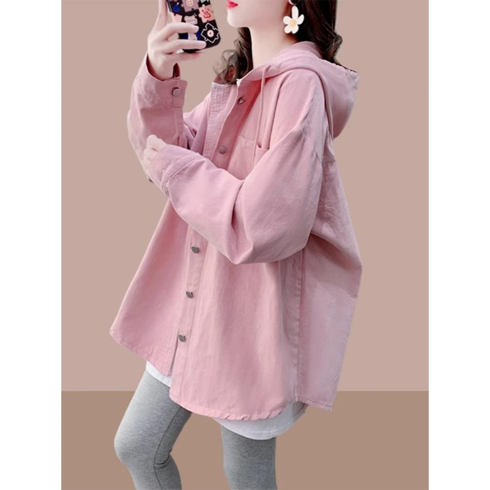 欧货胖mm大码女装粉色连帽衬衫2025新款春季设计感中长款衬衣外套
