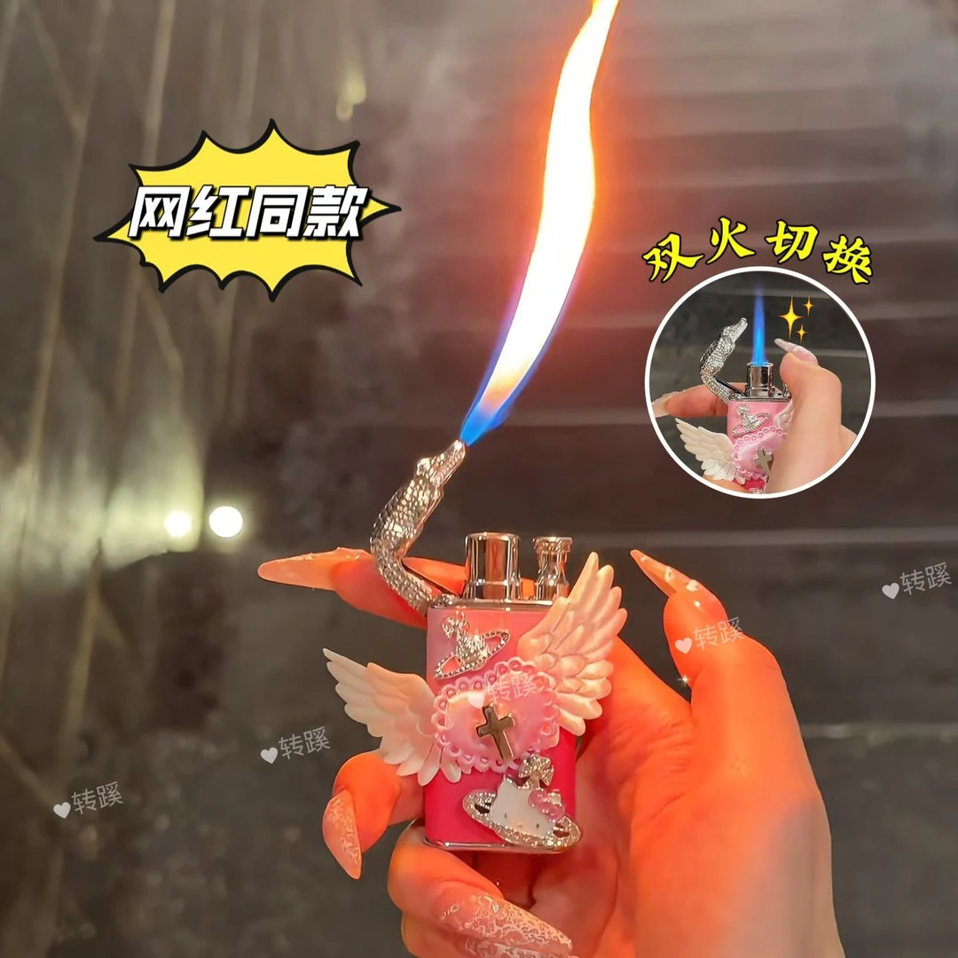 网红哥特风手作KT猫蓝瞳天使之翼防风打火机充气双火送男女友礼物