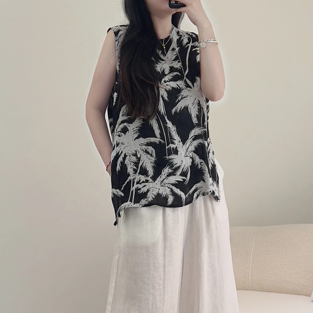 2025夏季新款小众休闲百搭气质简约风印花褶皱亚麻无袖背心上衣