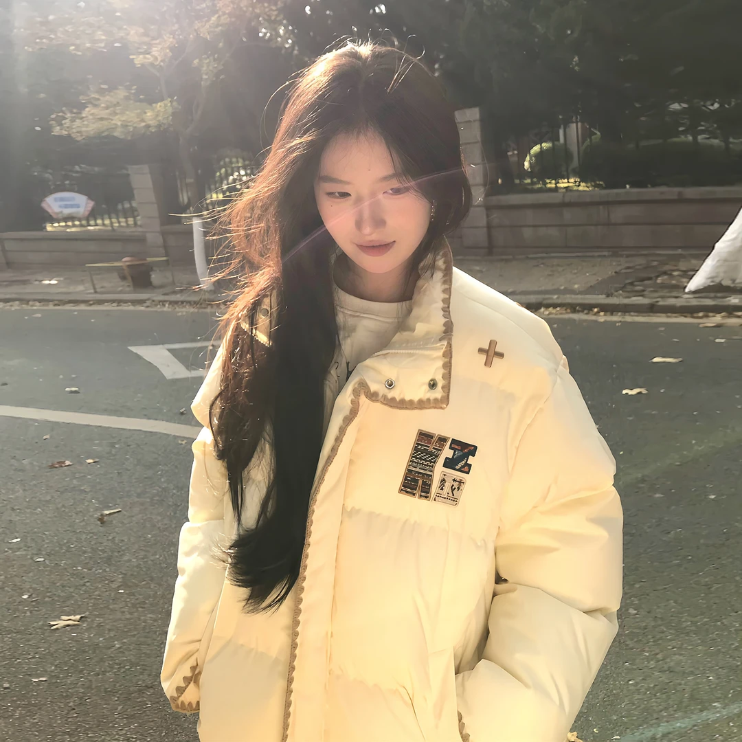 国潮刺绣设计感法式小众羽绒棉服女秋冬季新款宽松立领面包服外套