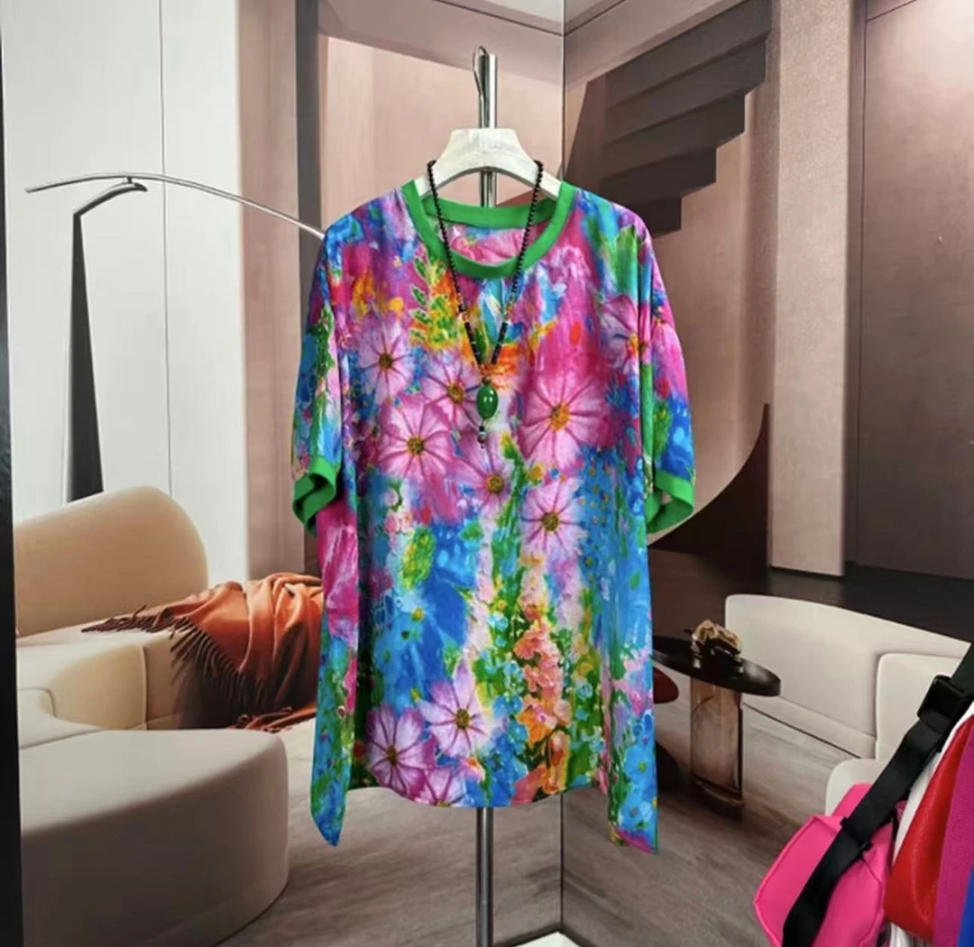 五朵花色简约短袖T恤女2025夏季新款时尚圆领印花显瘦上衣