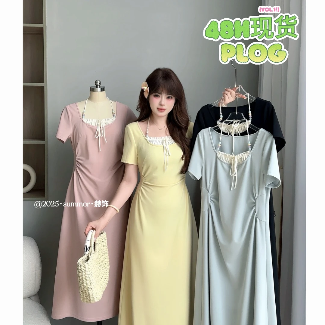 现货【千惠】欧若风大码胖MM减龄显瘦夏日设计感短袖连衣裙 05018D