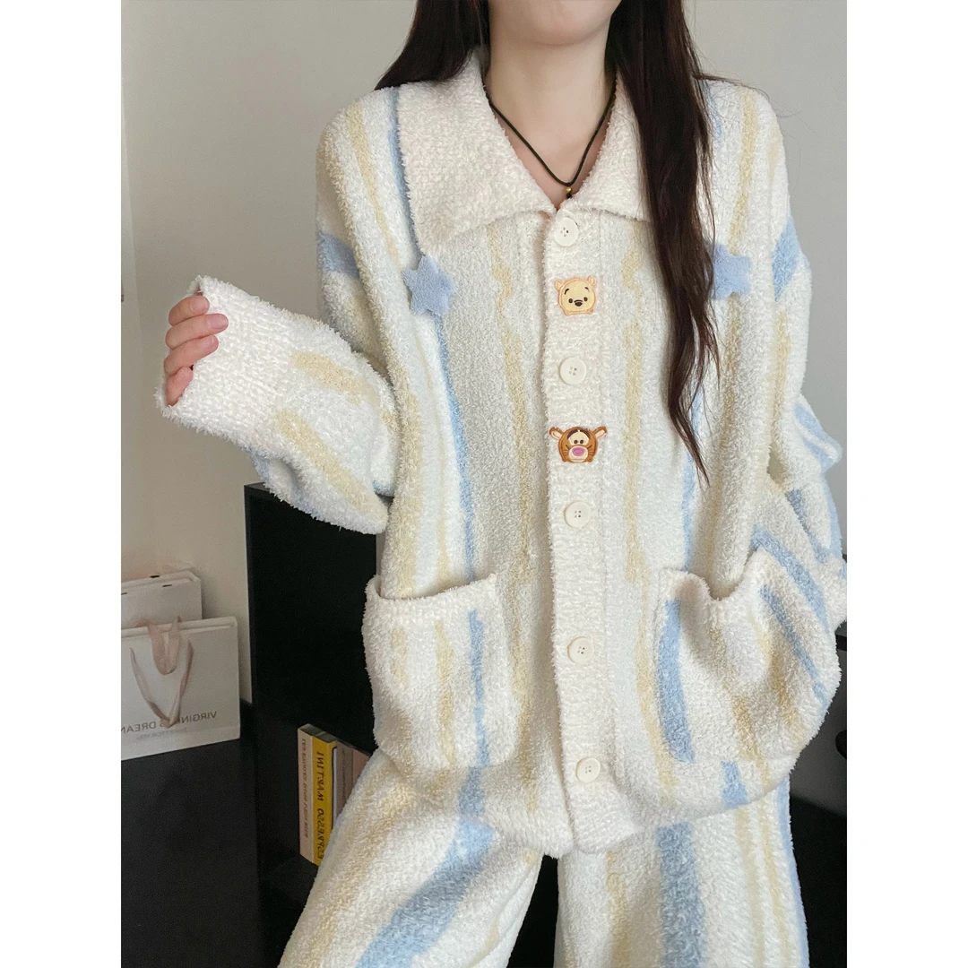 可爱卡通印花针织半边绒睡衣女秋冬毛衣外套加厚家居服套装可外穿