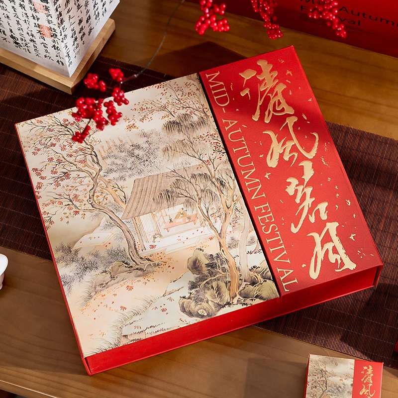 新款中秋月饼盒包装盒子批发4/6/8粒手提高档空礼盒装山水中国风