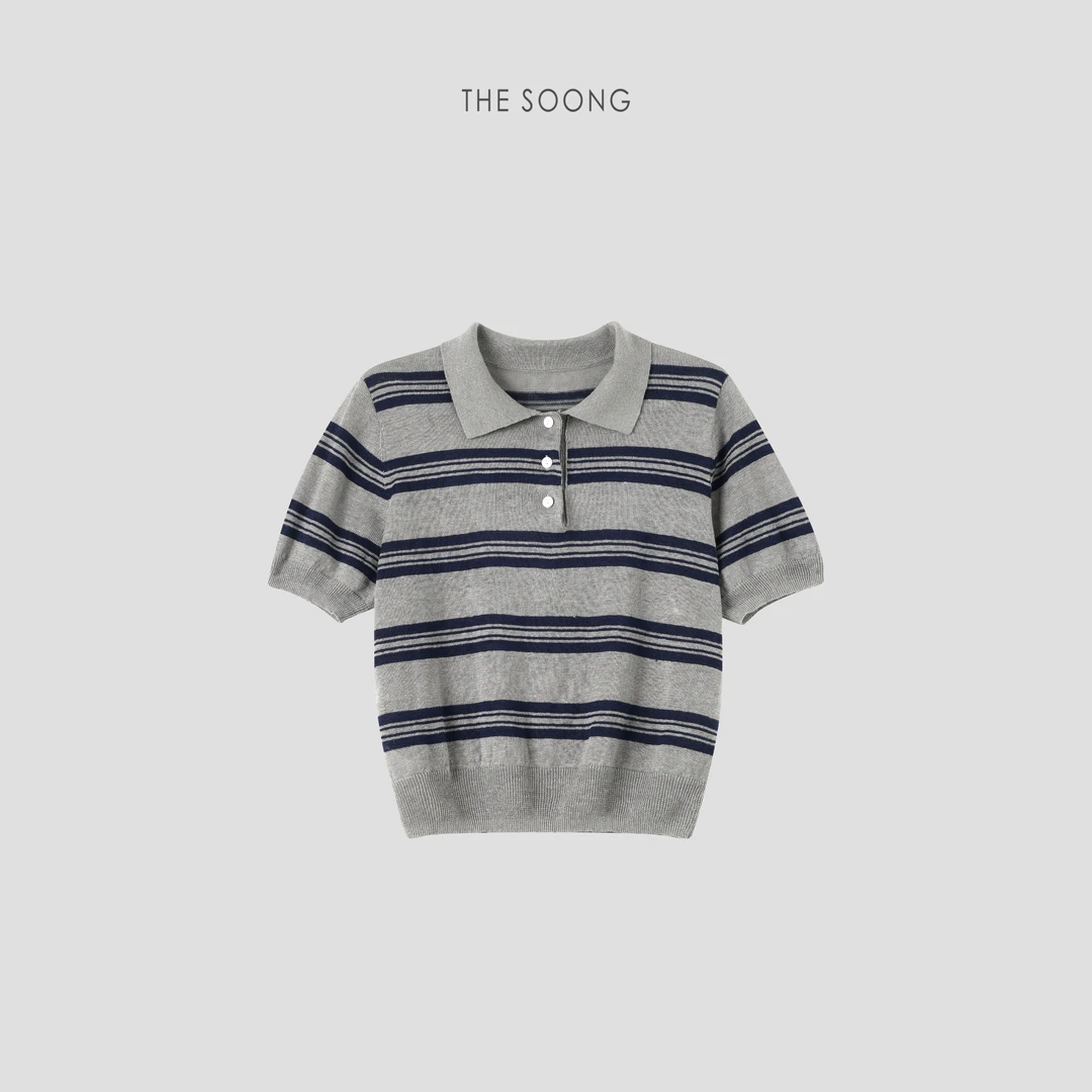 THESOONG|"智性条纹"纯亚麻轻薄呼吸撞色条纹翻领上衣HBMY6545