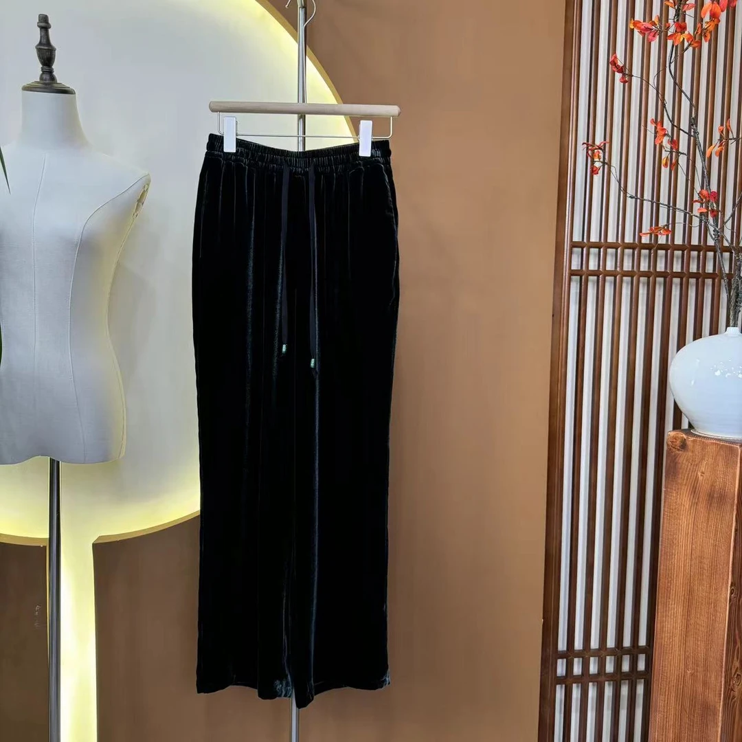 【蒂素丝绸】  100%桑蚕丝真丝丝绒时尚百搭直筒裤显瘦长裤  0905