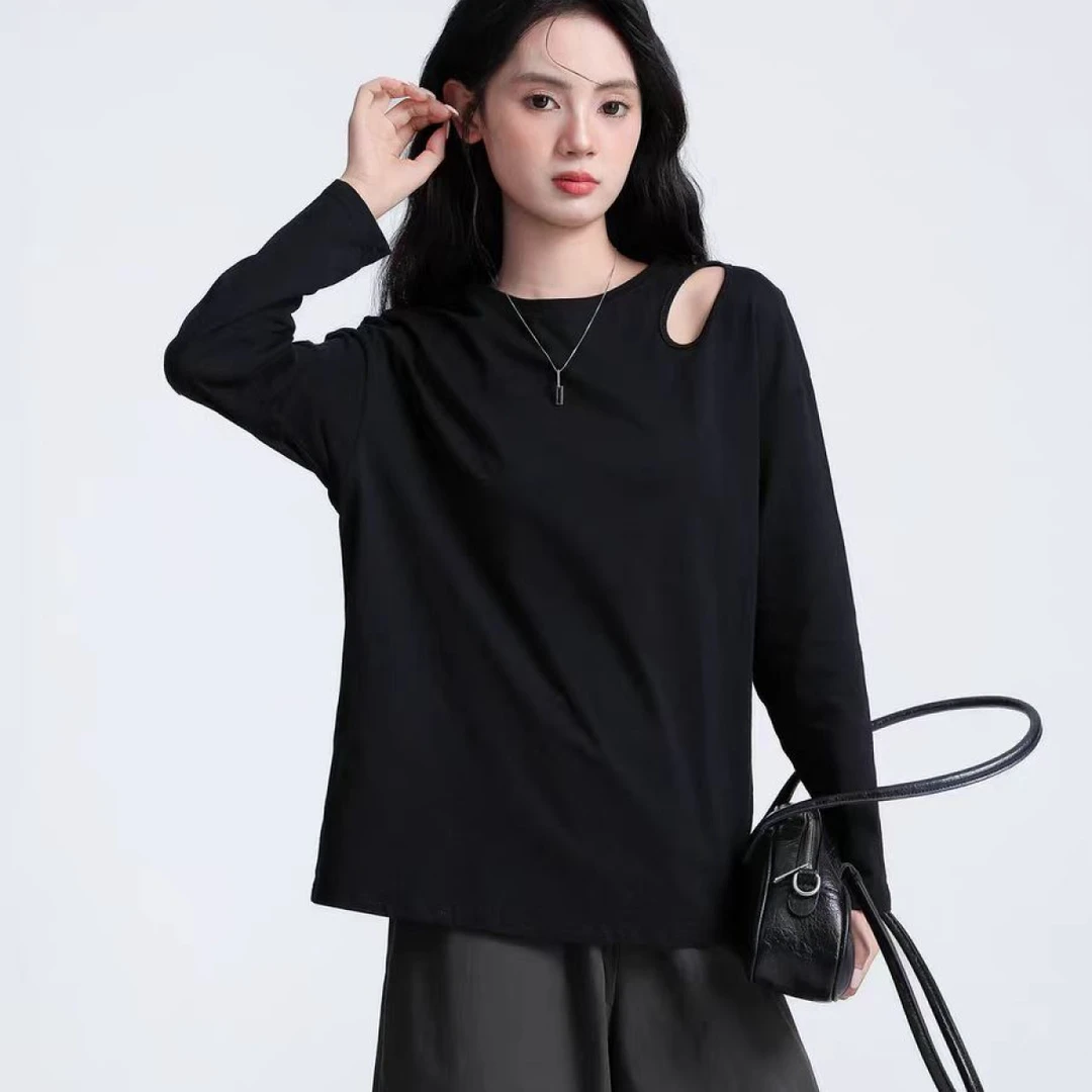 女春秋季2025新款宽松显瘦露肩镂空上衣打底衫女内搭80833（A5-8）