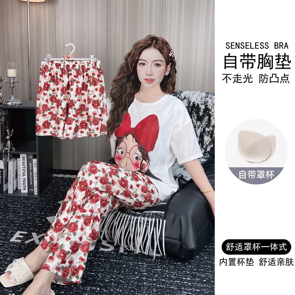 带胸垫夏季提花冰丝睡衣女短袖薄款三件套宽松卡通家居服套装夏天