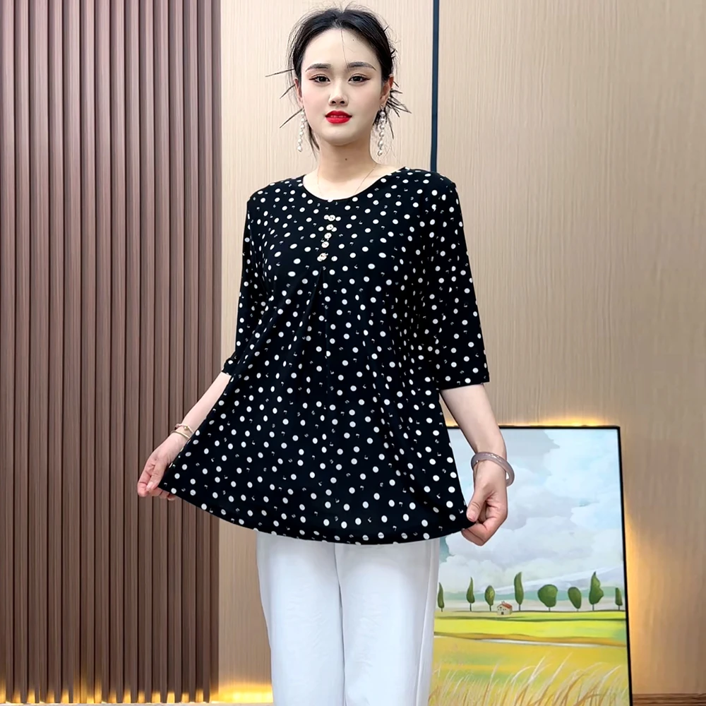 2025夏季新款女士圆领中袖t恤打底衫宽松大码碎花圆点妈妈装上衣