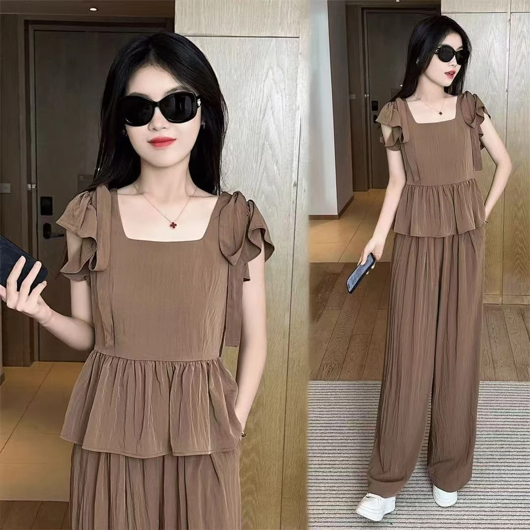 时尚休闲套装女2025夏季新款小个子洋气减龄遮肉显瘦阔腿裤两件套