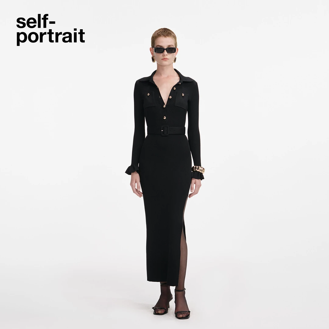 self-portrait 2025秋冬新款经典黑千金风通勤翻领针织连衣裙