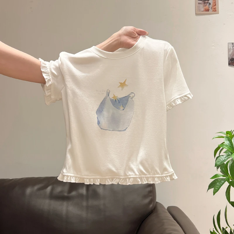 夏日木耳边印花体闲短袖t恤女夏季2025新款设计感修身显瘦小上衣