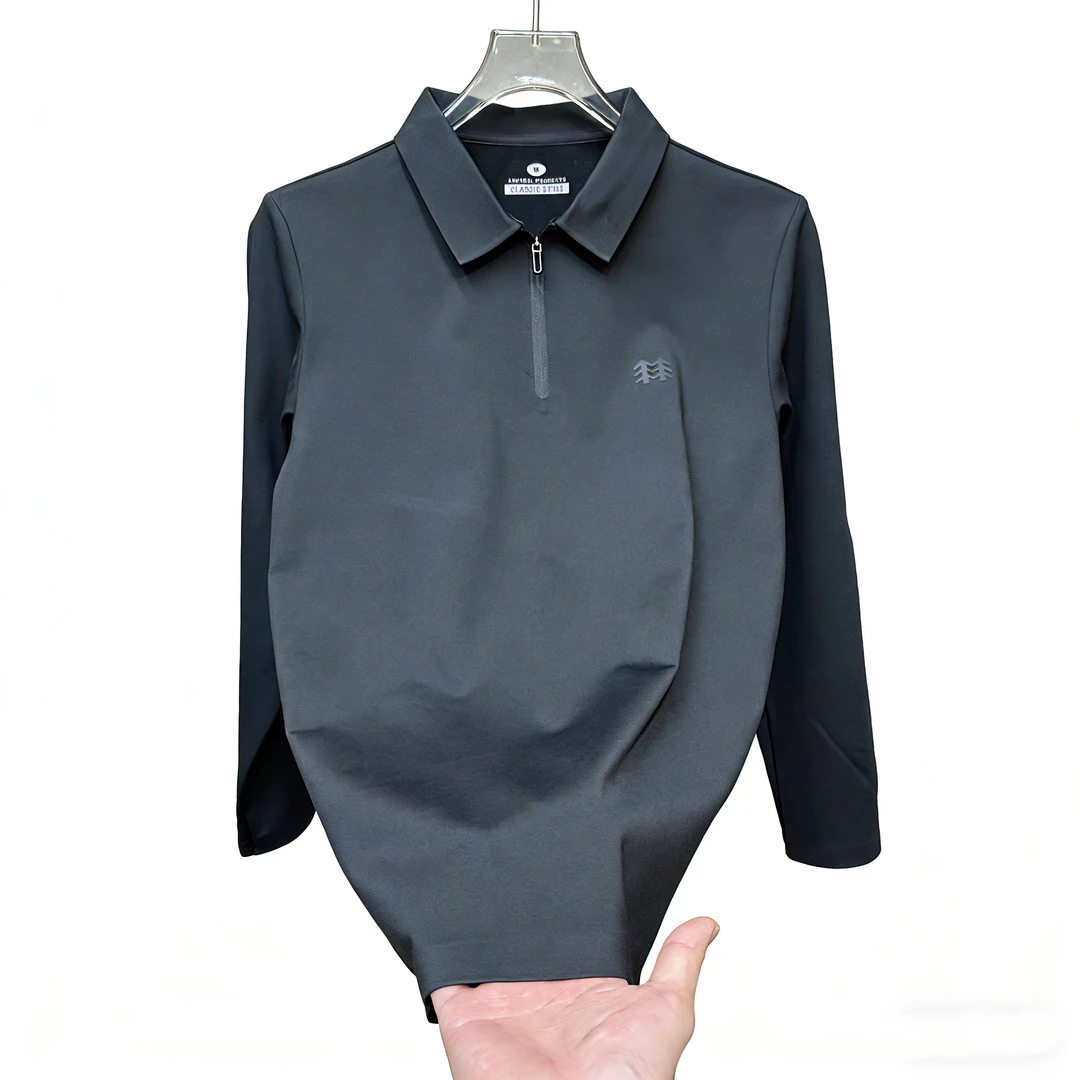 男士秋冬新款加绒透气无痕翻领长袖POLO男款商务休闲上衣