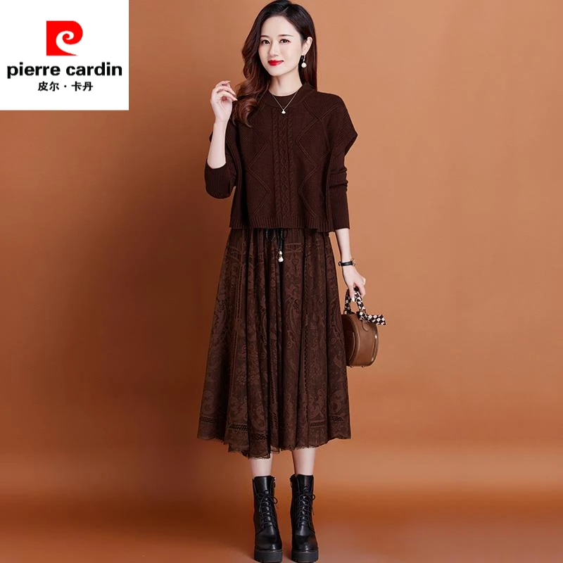 蕾丝针织两件套连衣裙女长款秋冬季小个子中年妈妈内搭打底毛衣裙