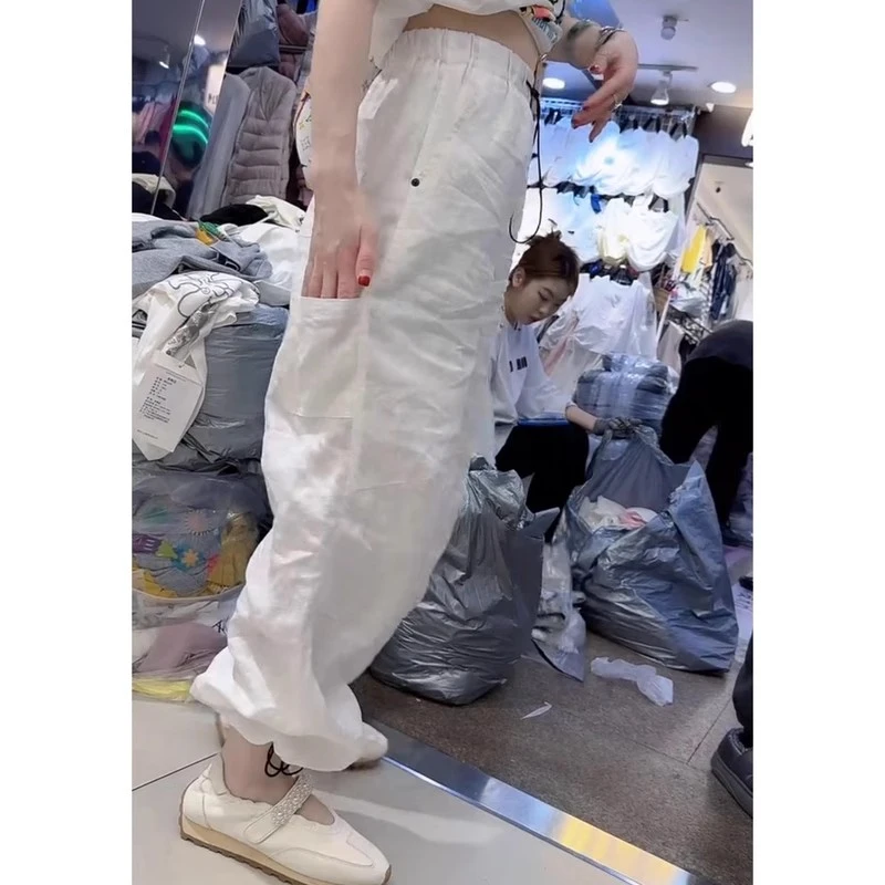 大码女装潮流白色洋气显瘦休闲裤女抽绳设计夏季新款九分束脚裤女