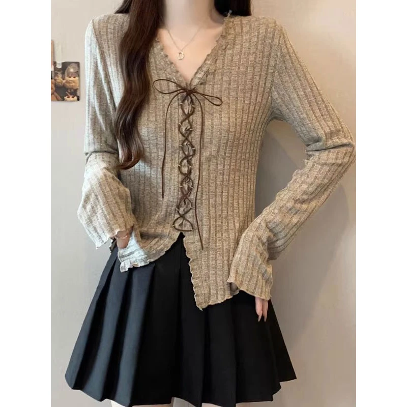 佳儿纯欲风交叉绑带长袖针织衫女秋款纯欲v领开衫慵懒高级感上衣
