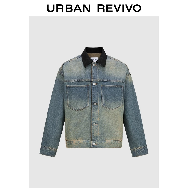 UR2025夏季新款男装复古水洗口袋撞色翻领牛仔外套UIV850008