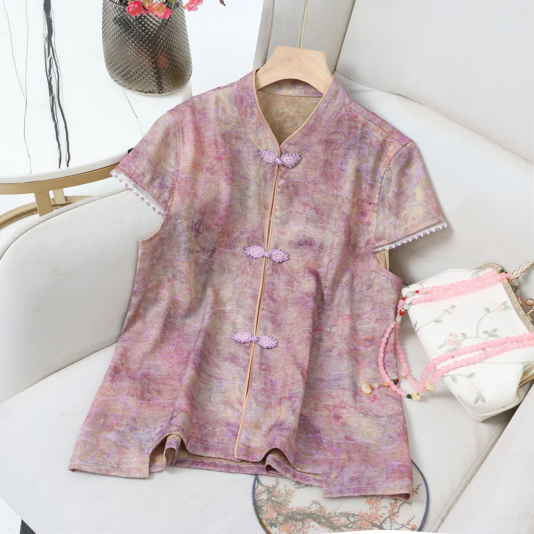 新中式时尚女装锦纶提花数码印花夏季薄款网红爆款小衫9897