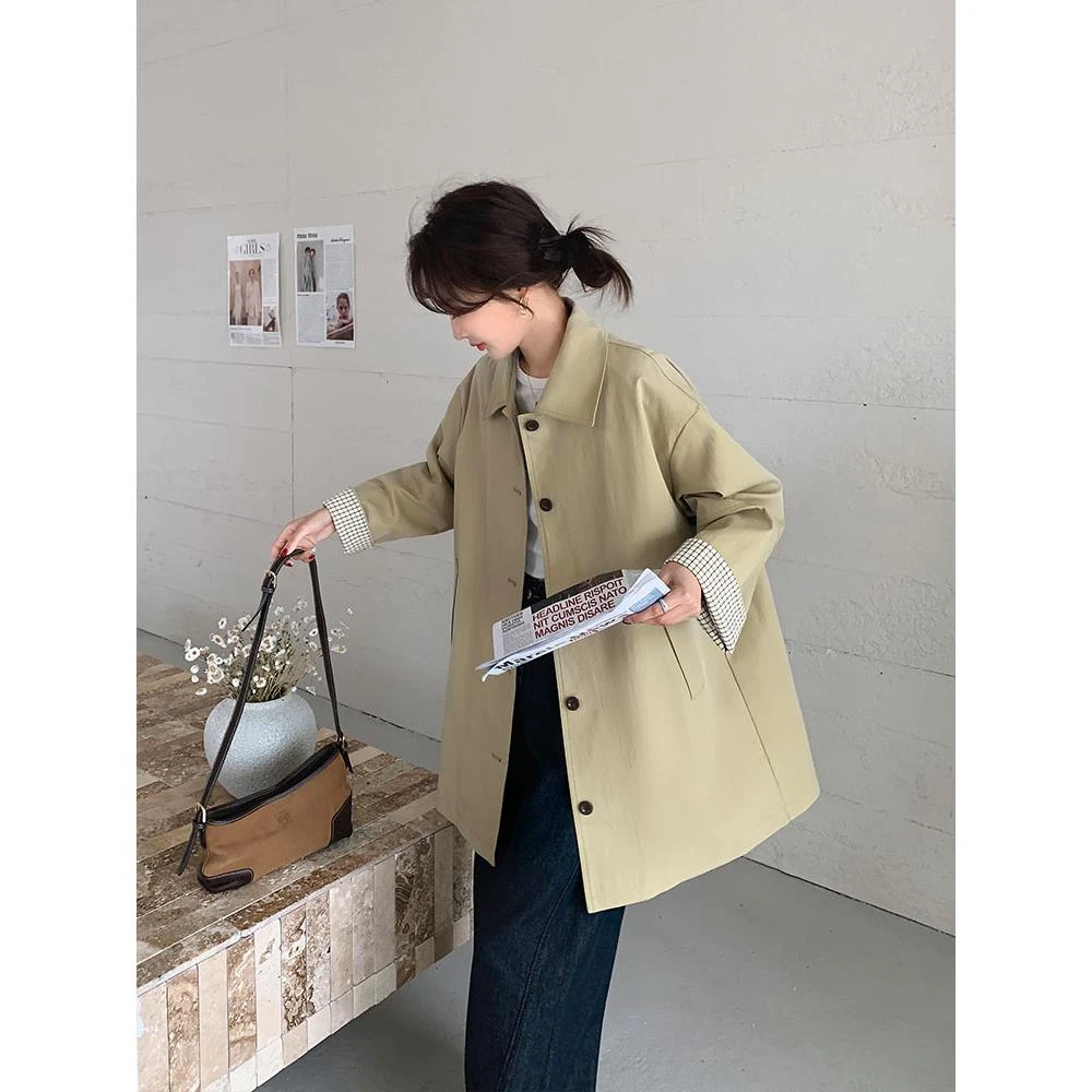 VOCKOO官方卡其格小风衣夹克2025新女子开放春秋季高端休闲中长上