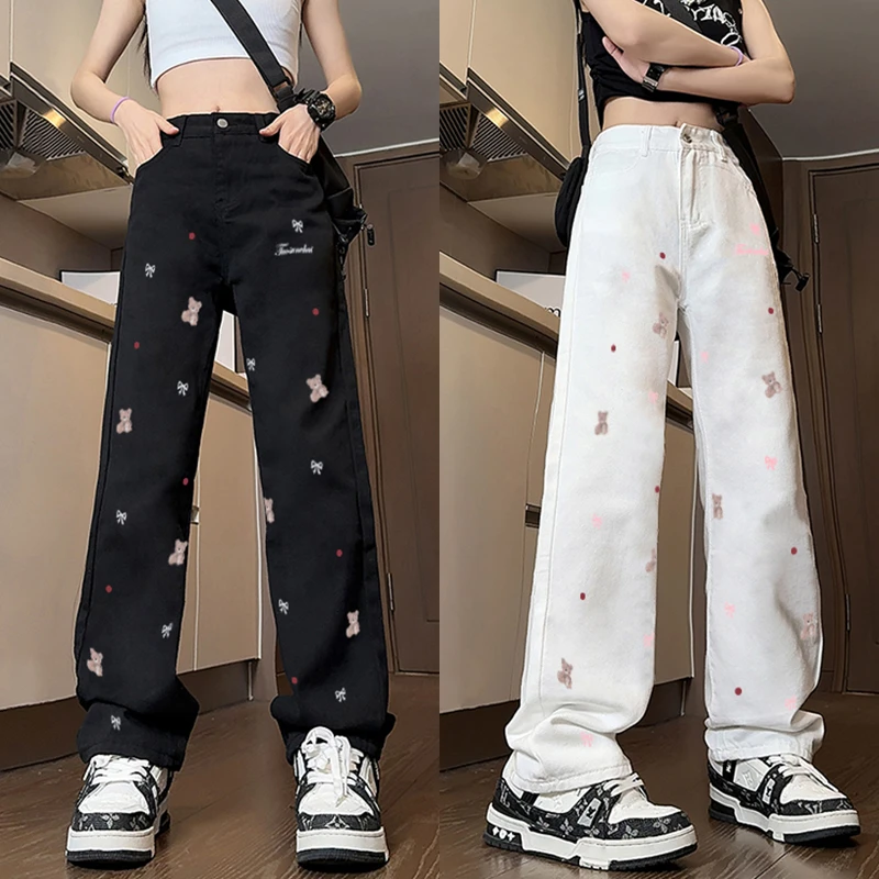 新款刺绣小熊牛仔裤女ins高腰显瘦潮流百搭宽松遮肉直筒休闲长裤