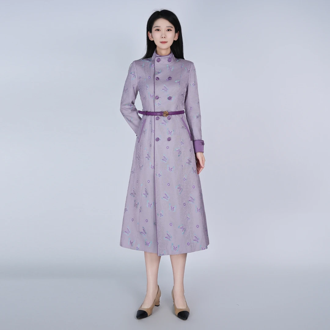 【非遗宋锦】中式高定修身优雅中长女士紫菘战袍连衣裙HAWM051109