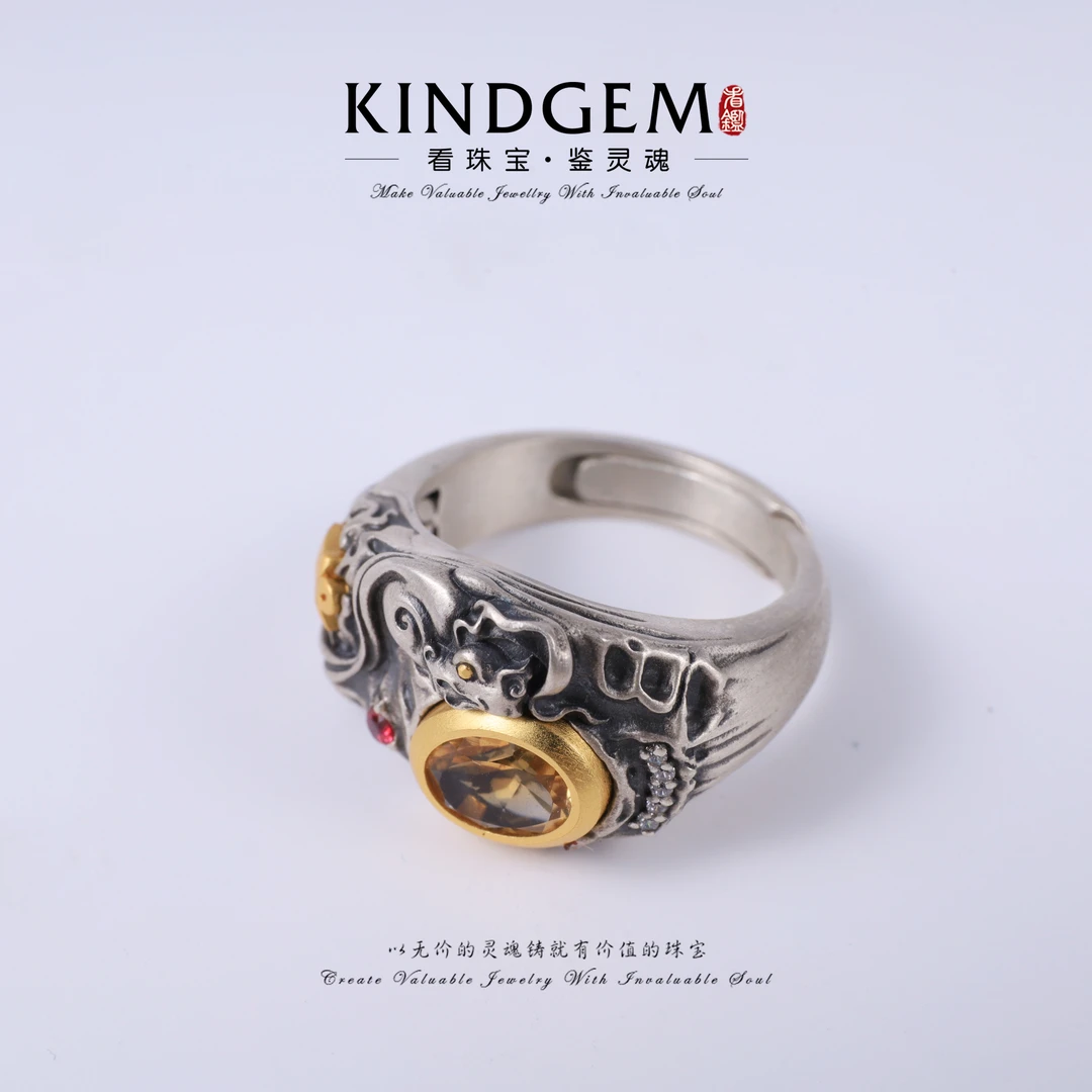 925银戒指 KindGem 手工镶嵌开口戒指 S-35828