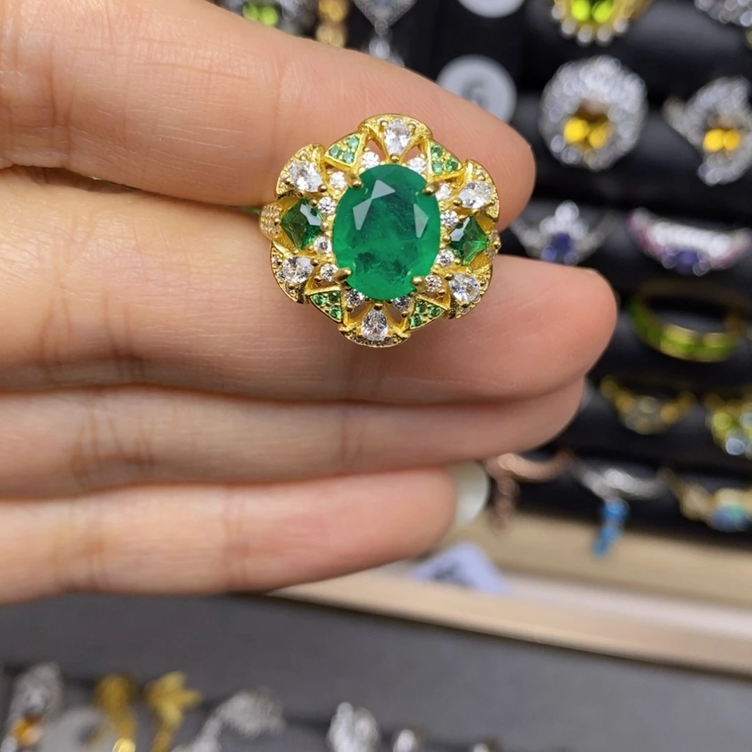 祖母绿银S925镶嵌戒指