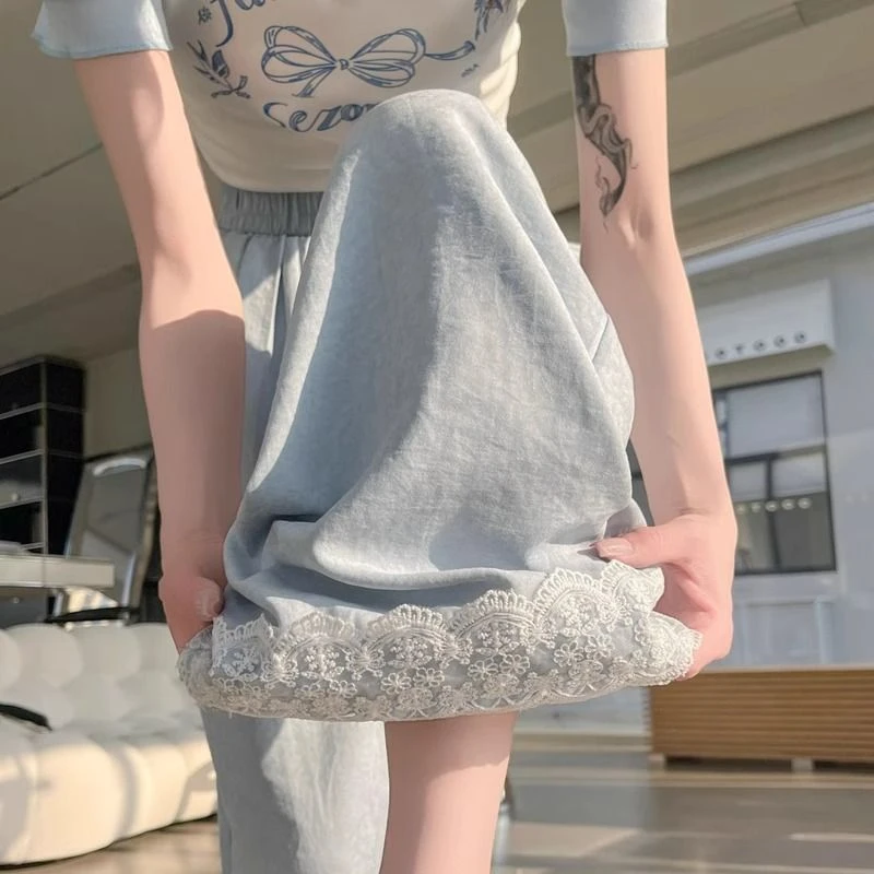 蕾丝花边直筒裤女夏季2025新款松紧腰甜美垂感休闲宽松外穿阔腿裤