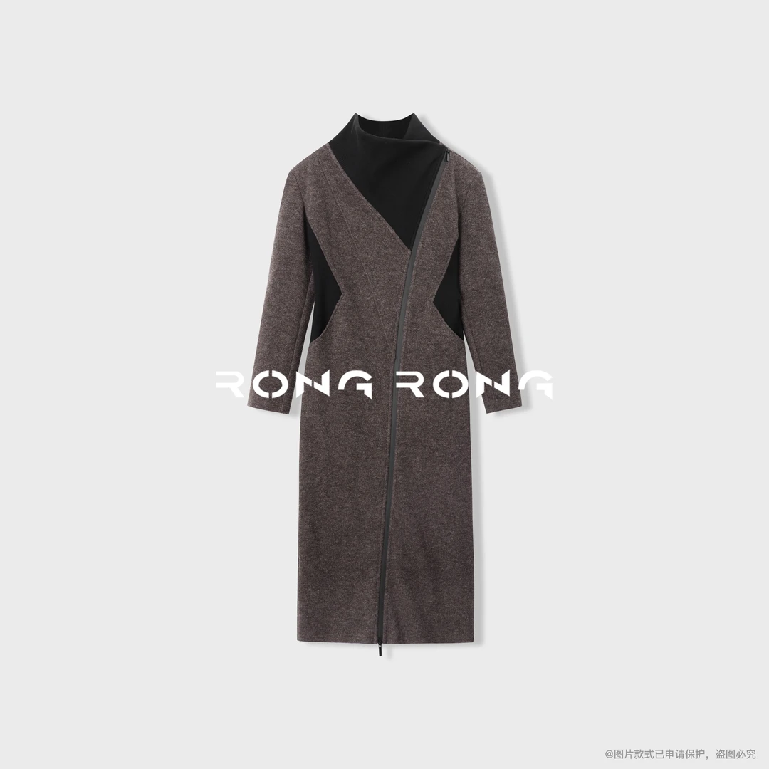溶溶【巴黎香榭】RONGRONG 羊毛混纺撞色拼分割收腰毛呢连衣裙25880