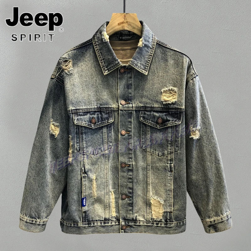 Jeep吉普高端复古做旧水洗破洞牛仔外套男士春秋宽松工装夹克男装
