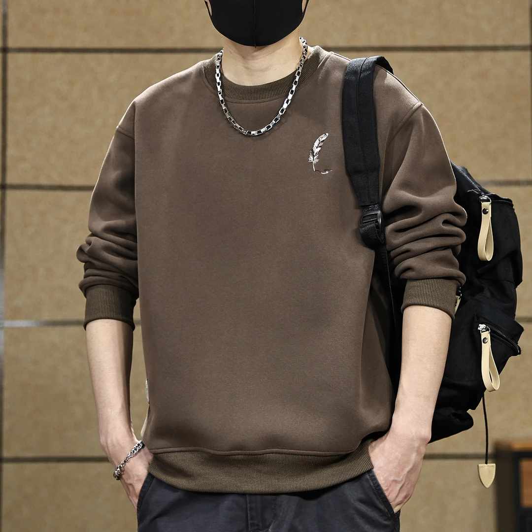美式休闲圆领卫衣男秋季潮流百搭纯色打底衫刺绣套头长袖上衣外套