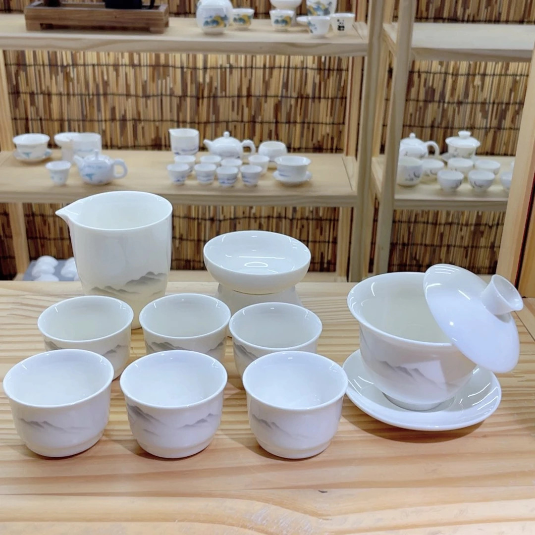 高端羊脂玉瓷茶具套组