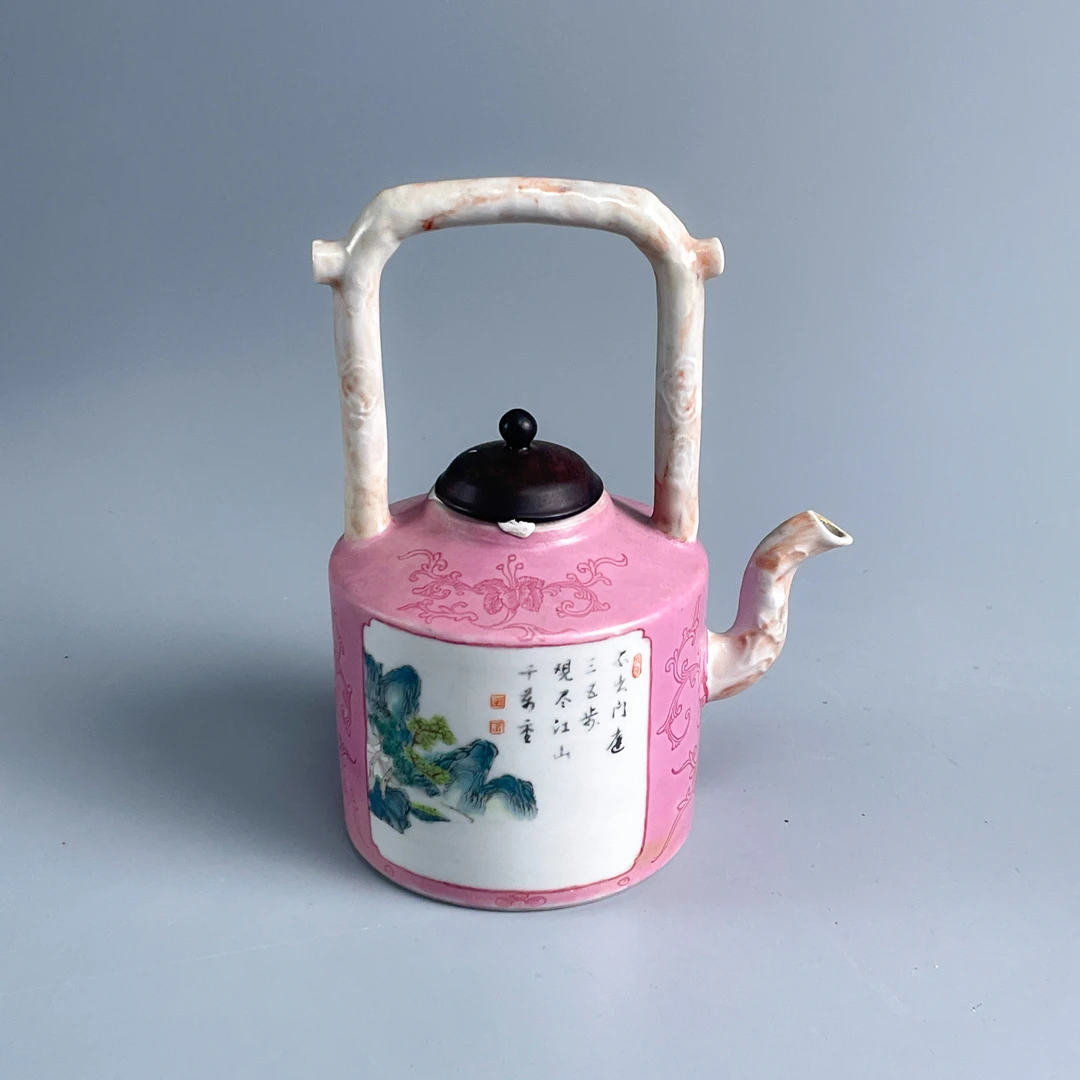 瓷器/古董清乾隆胭脂地粉彩开窗花卉纹提梁壶M25AH000078/绣花张