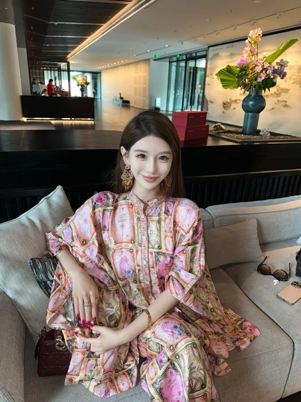 【粥粥高级定制】巴黎野蔷薇法式气质印花高定缎面显贵钉珠两件套