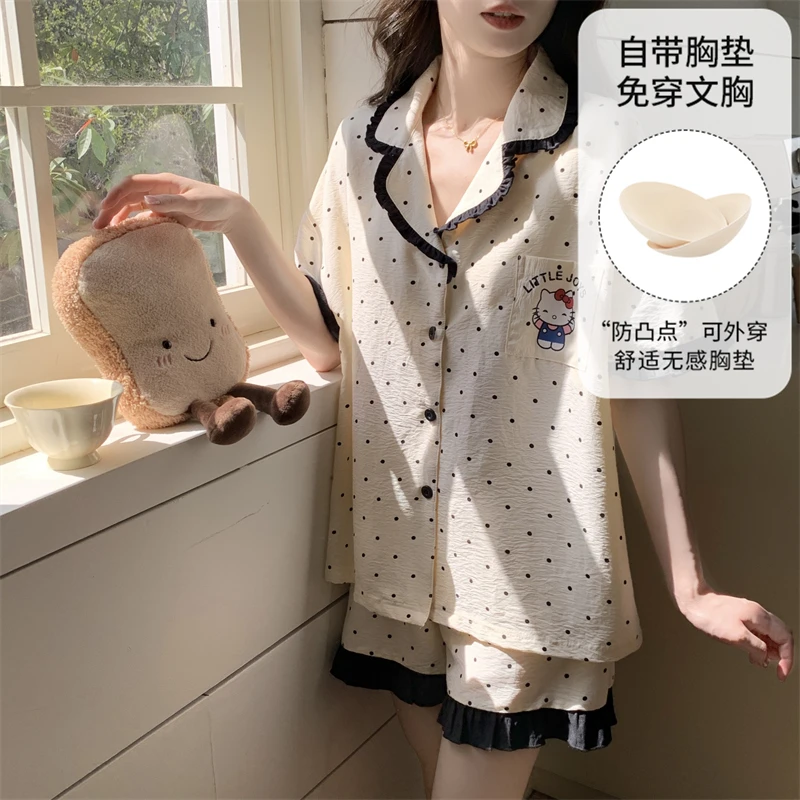 【苏禧】KT猫云朵棉木耳边夏季波点睡衣带胸垫可外穿薄款翻领家居服