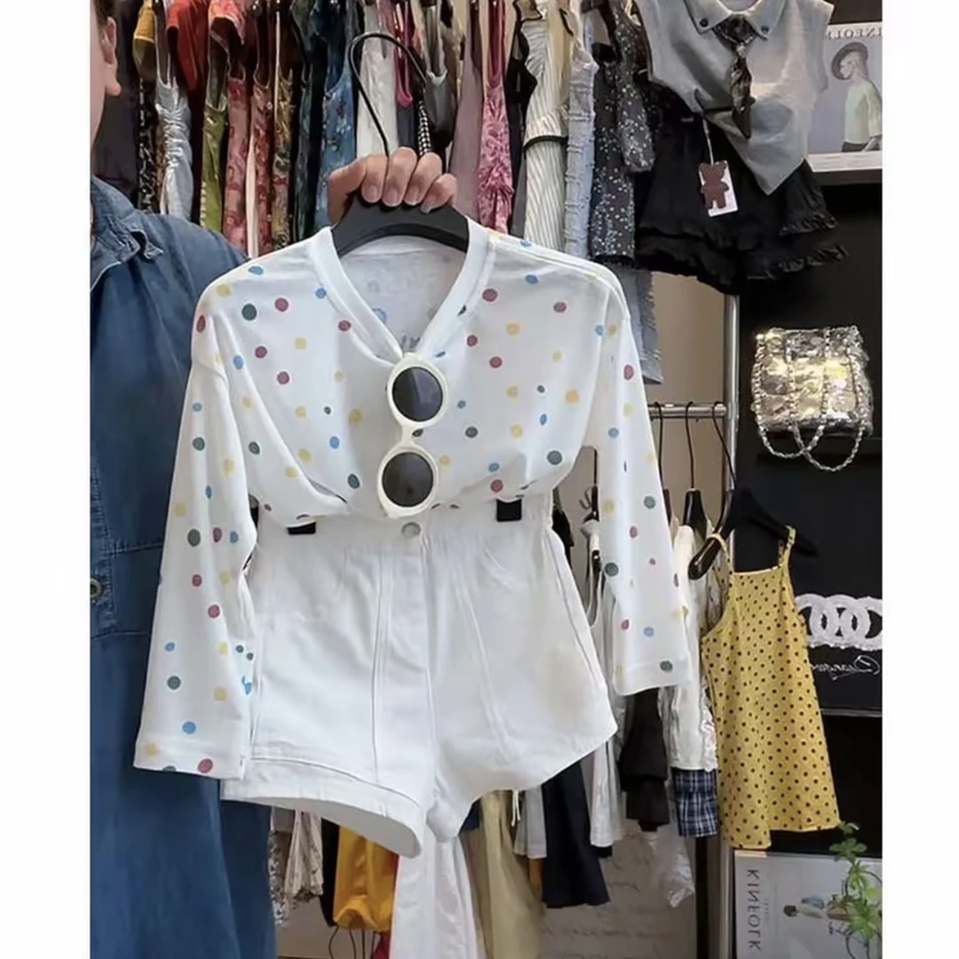 韩版童装女童夏装套装2025新款休闲彩色波点防晒罩衫上衣弹力短裤